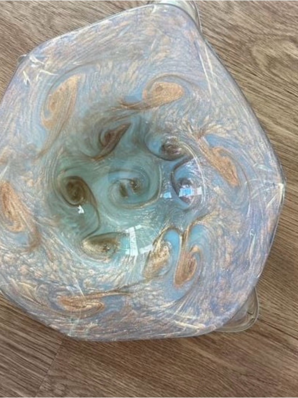 Hand-Blown Iridescent Glass Decorative Bowl in Blue and Gold